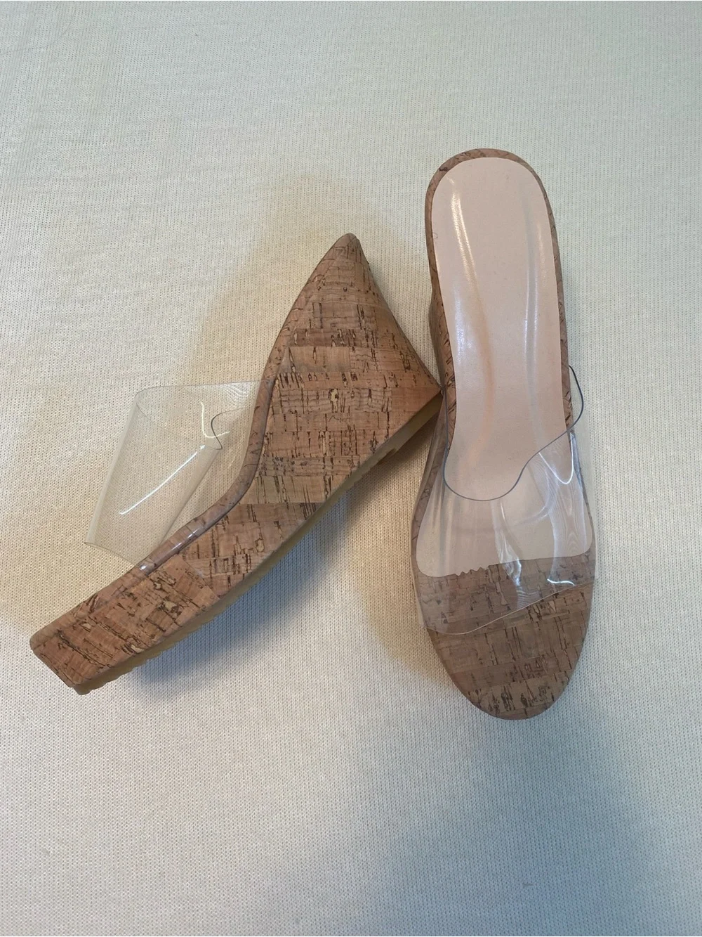 Clear Strap Cork Wedge Slide Sandals - Neutral (NEVER WORN)